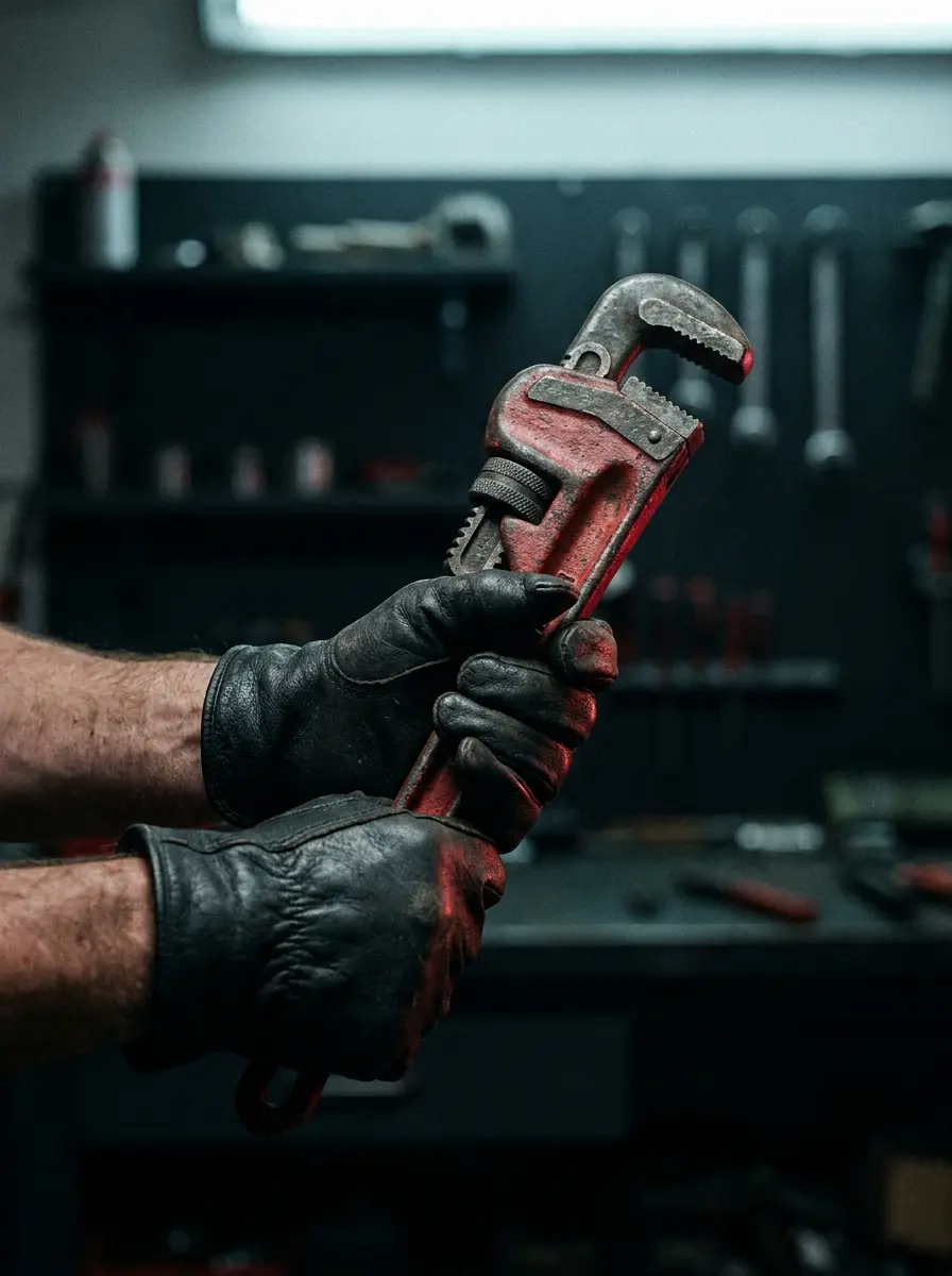 A craftsman inspecting a brass pipe wrench in the JFC workshop