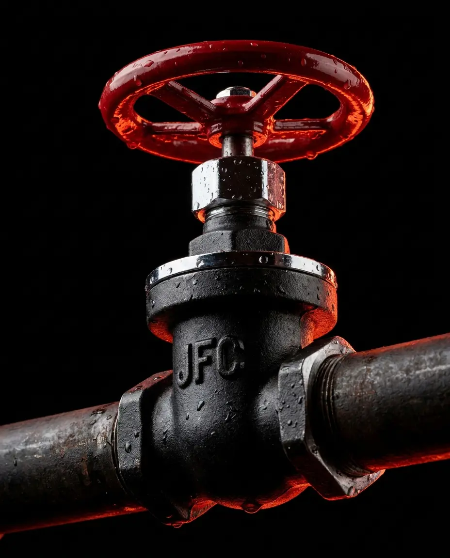 Brass gate valve stamped JFC on copper pipe